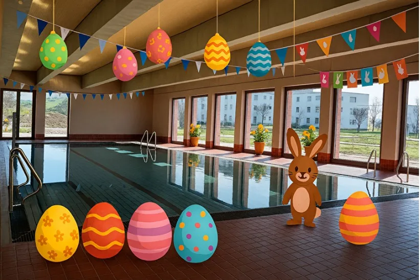 Im Hallenbad Fehraltorf gibt es dieses Jahr einen «Oster-Splash». Hallenbad Fehraltdorf mit Ostereiern.